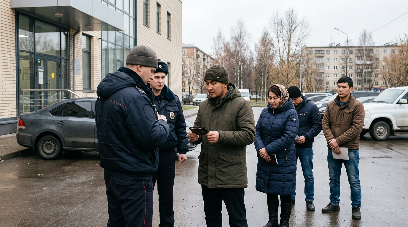 Сотрудники полиции во время миграционного рейда в Московской области